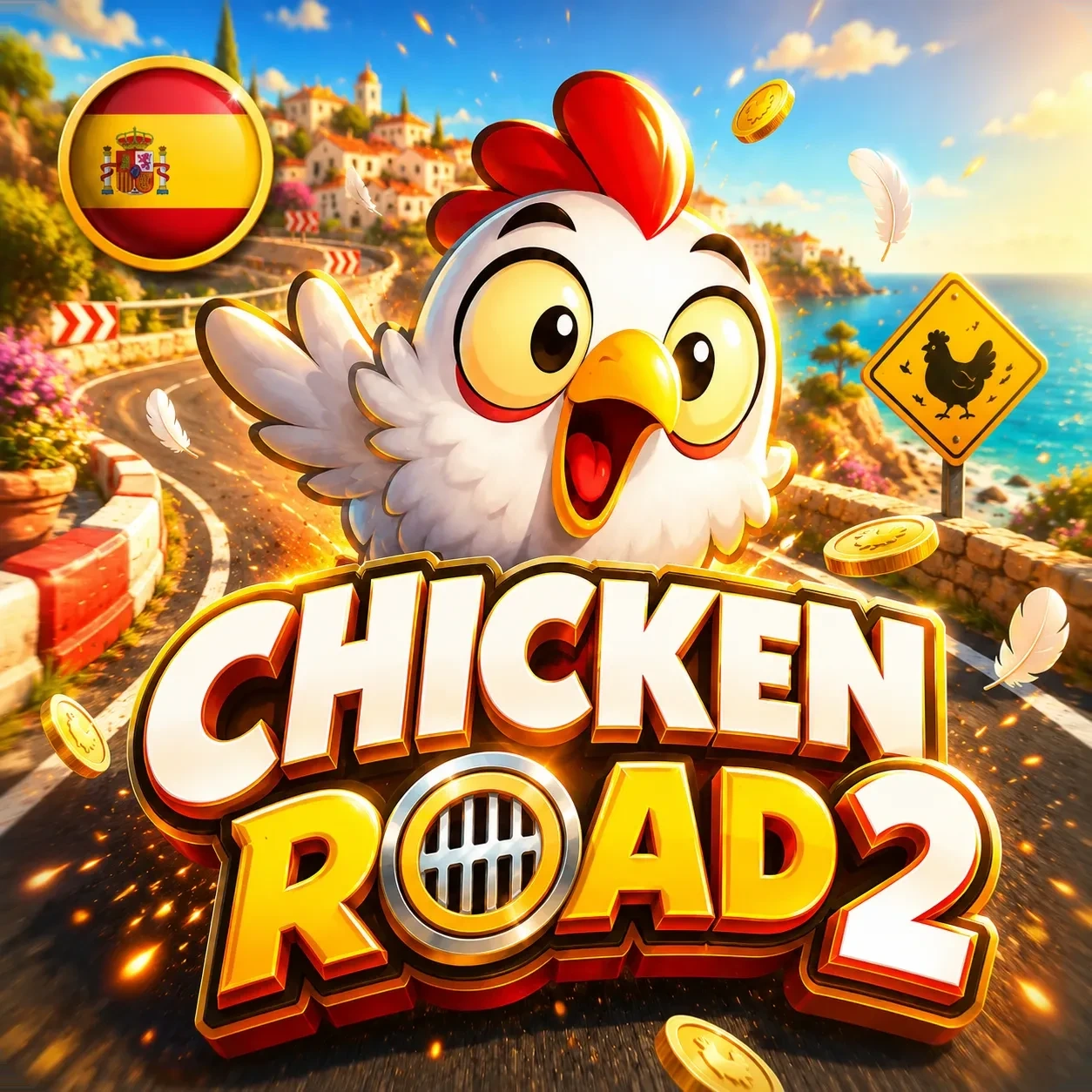 Gallina de Chicken Road 2 junto a señal de carretera en España