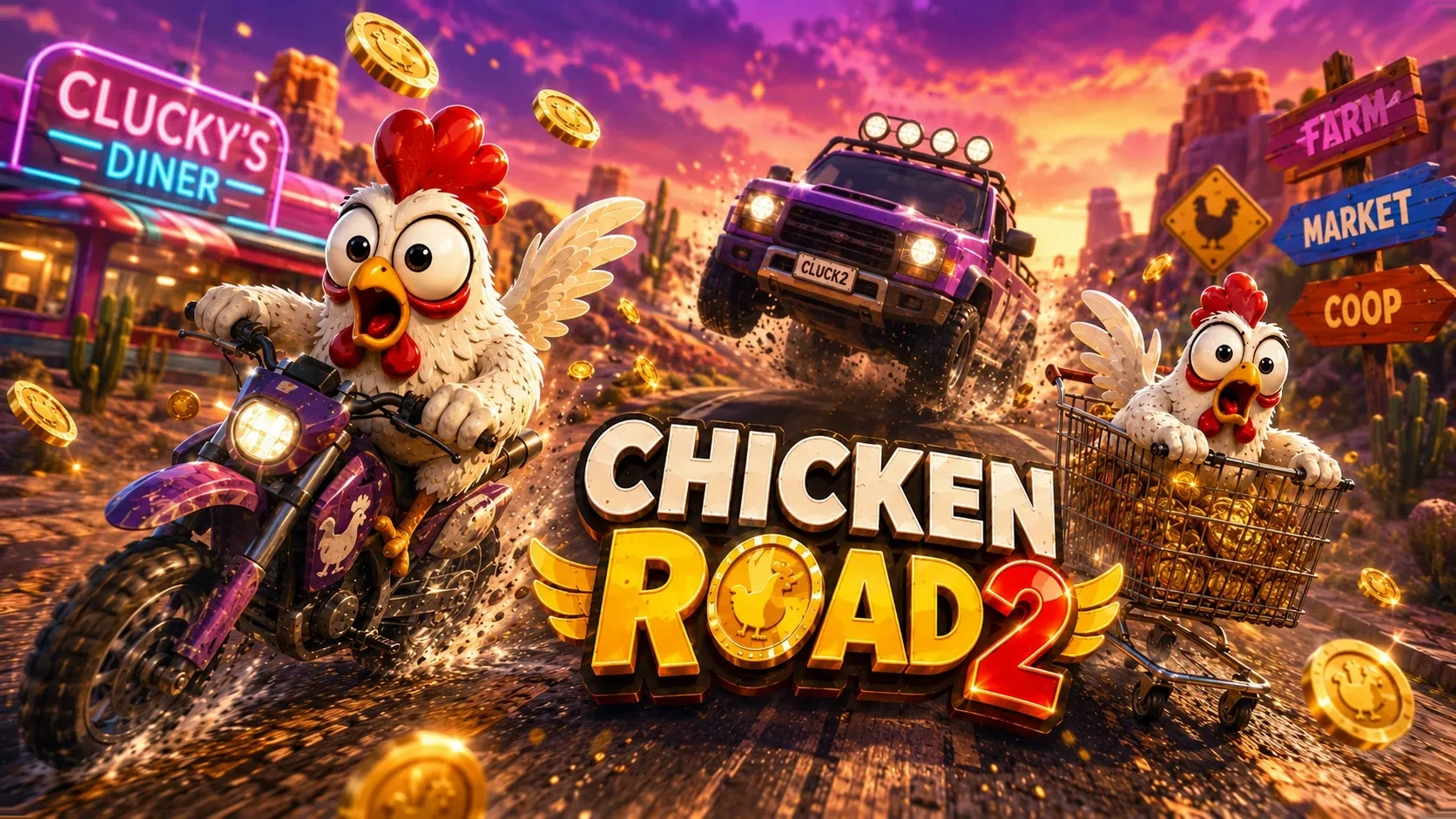 Escena de Chicken Road 2 con carretera y monedas