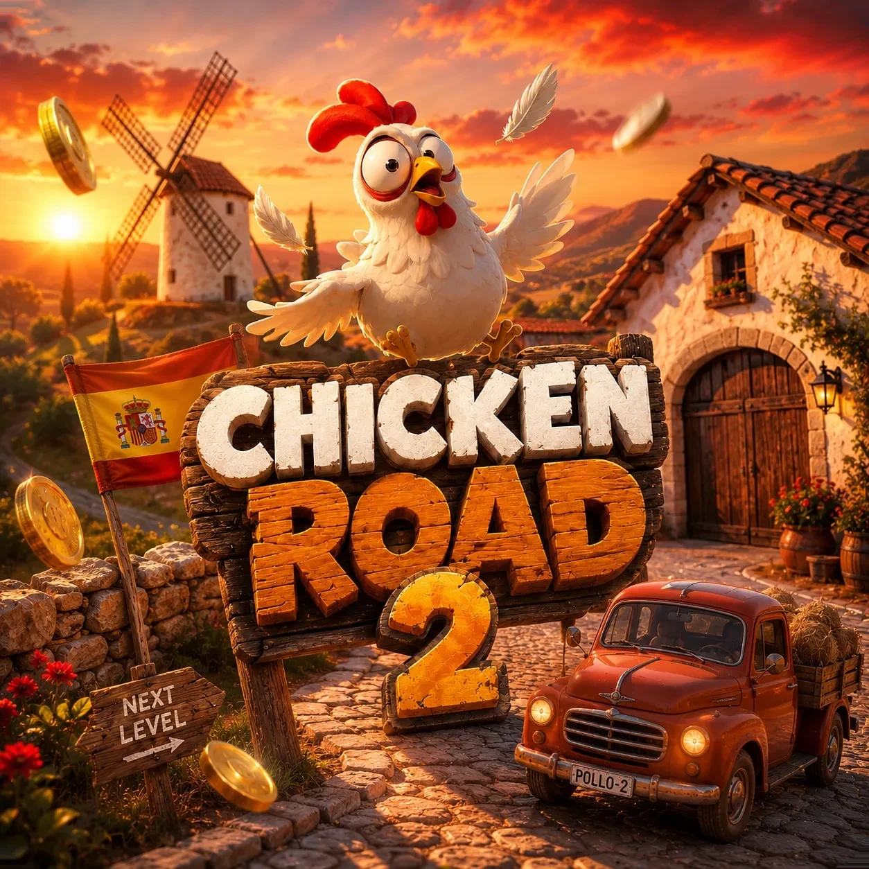 Escena de Chicken Road 2 en carretera para acceso desde España