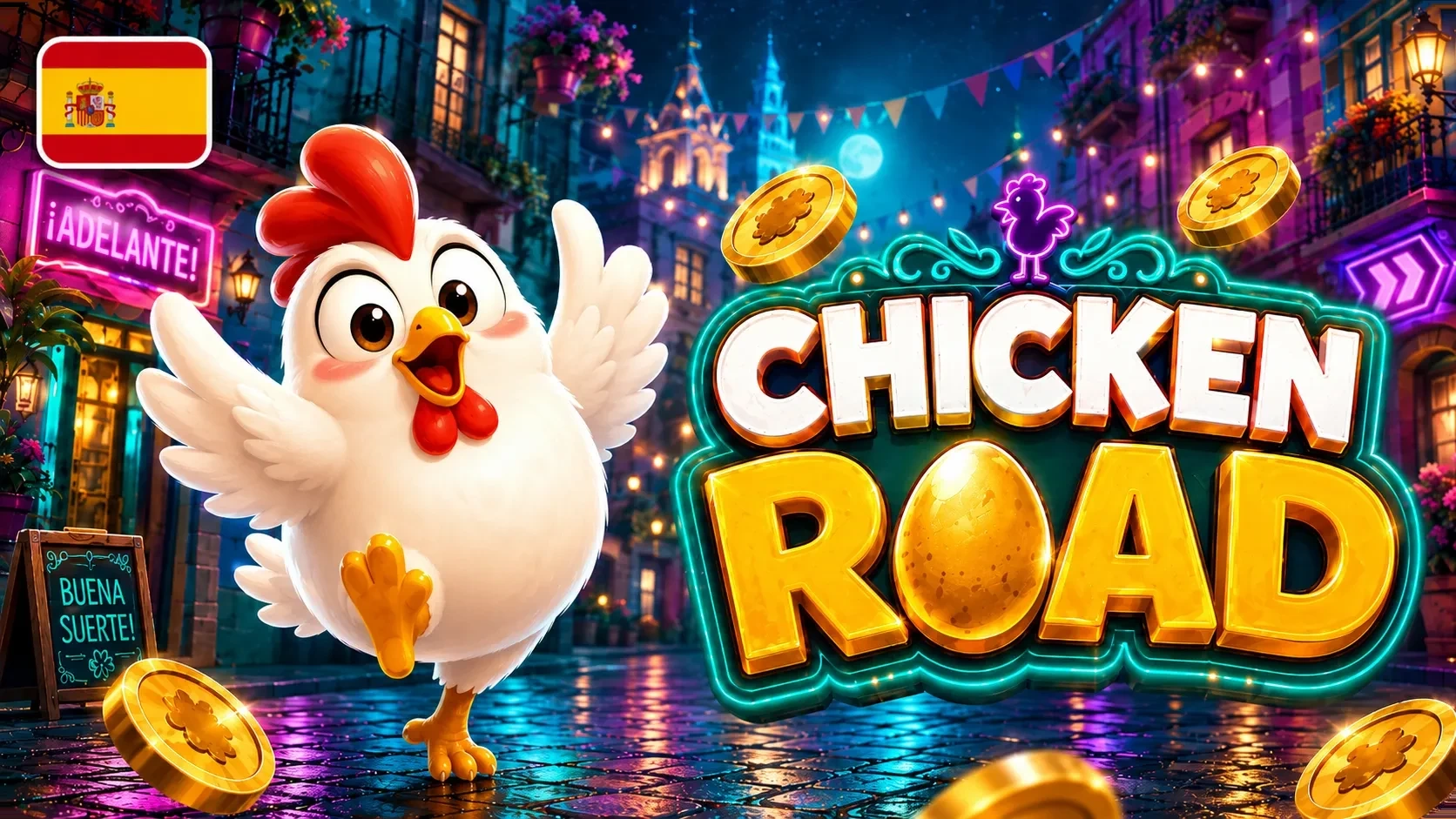 Chicken Road casino con bandera de España y monedas